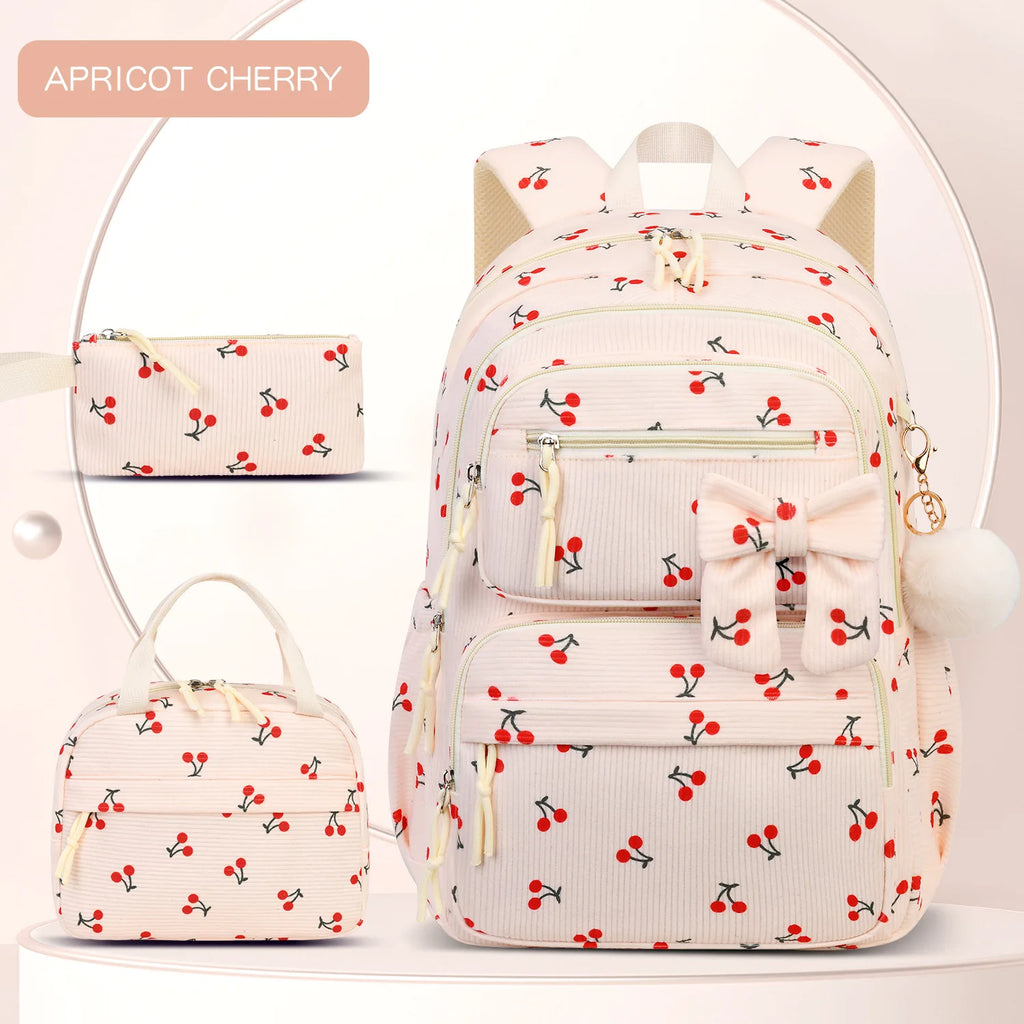 Girls Cherry Corduroy School Backpack Set – 3 Pcs Bookbag Kids Backpack Set Richie's Cherry 1
