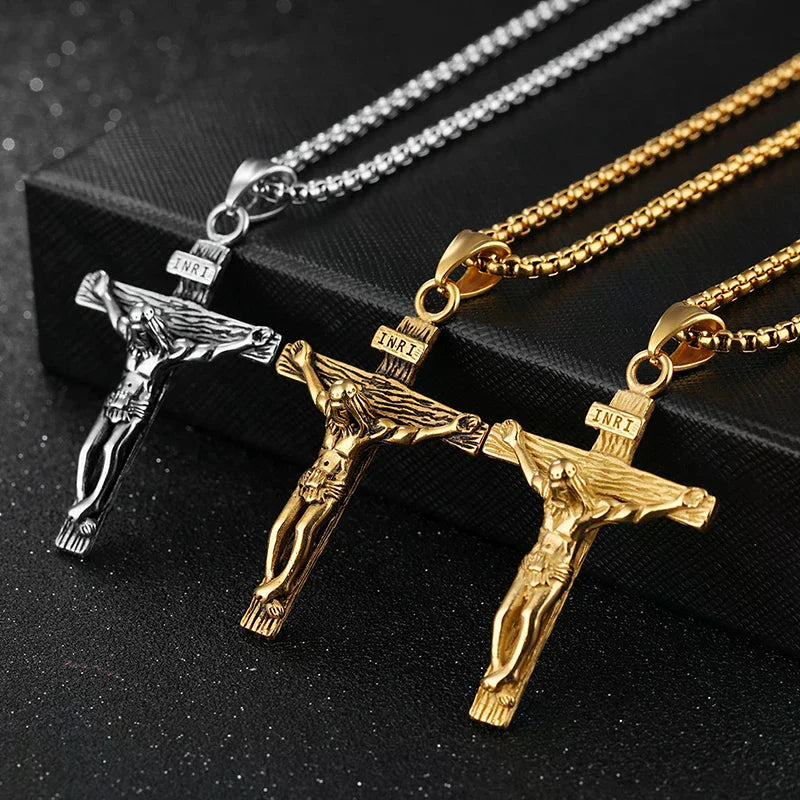Sacred Crucifix Cross Pendant Necklace – Gold & Silver Steel Cross Pendant Necklace Richie's