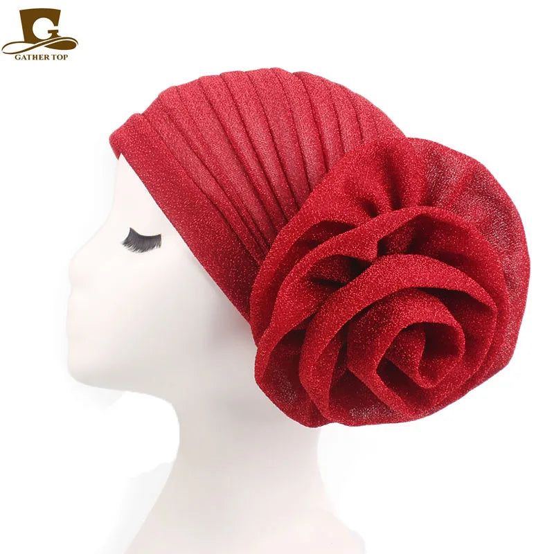 Women Pleated Flower Turban Hat Stretch Hijab Cap Head Wrap Turban Hijab Cap Richie's Red