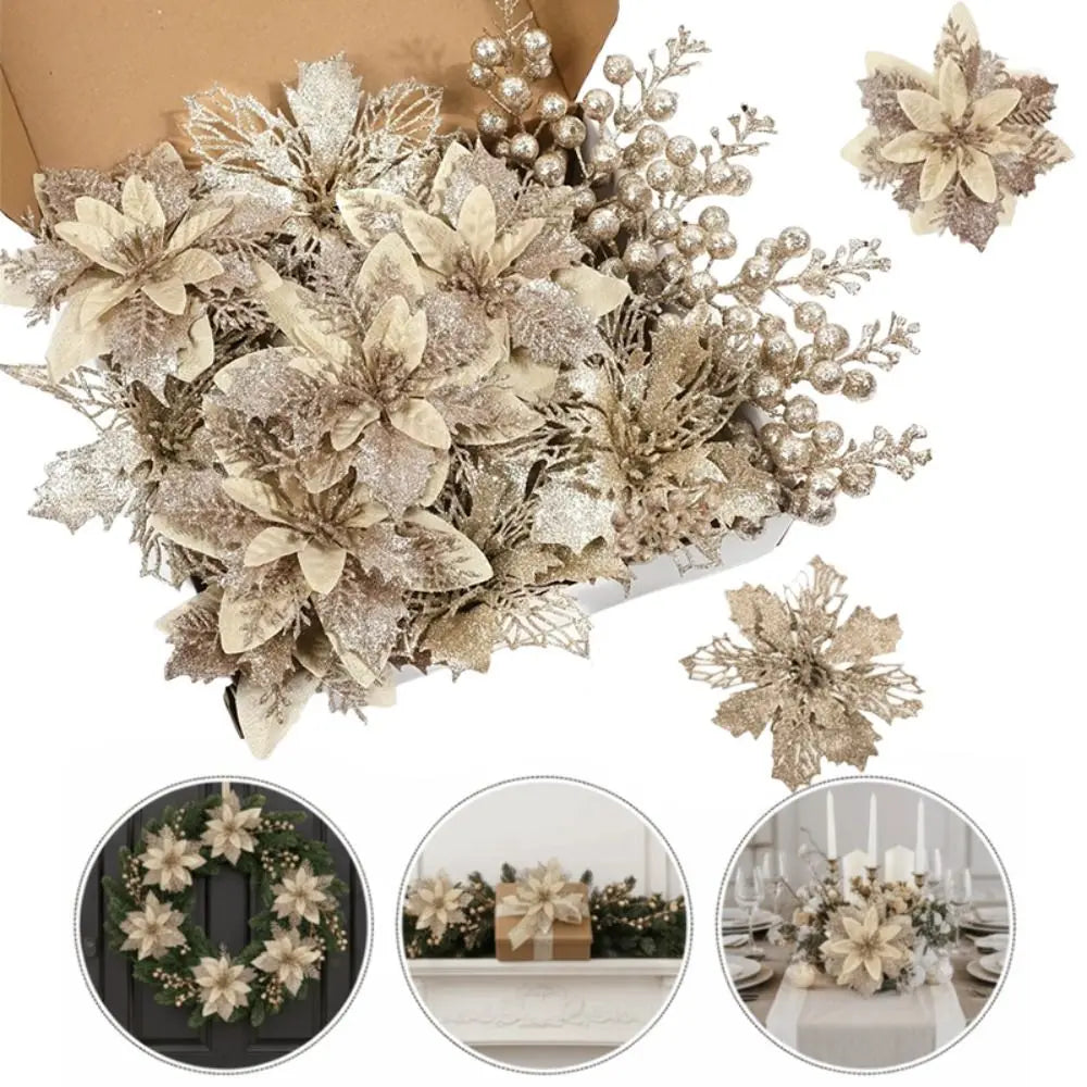 3-Layer Glitter Artificial Christmas Flower Bouquet Set Christmas Flower Bouquet Richie's