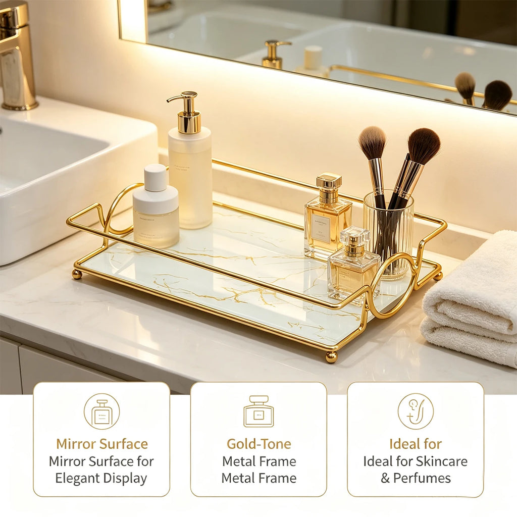 Glass Bathroom Vanity Tray with Metal – Perfume & Makeup Organizer Decorative Vanity Tray Richie's