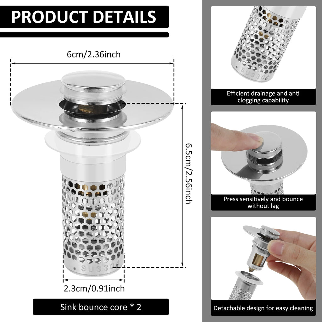 Stainless Steel Pop-Up Sink Stopper & Drain Strainer Basket Sink Drain Strainer Richie's 2pcs silver
