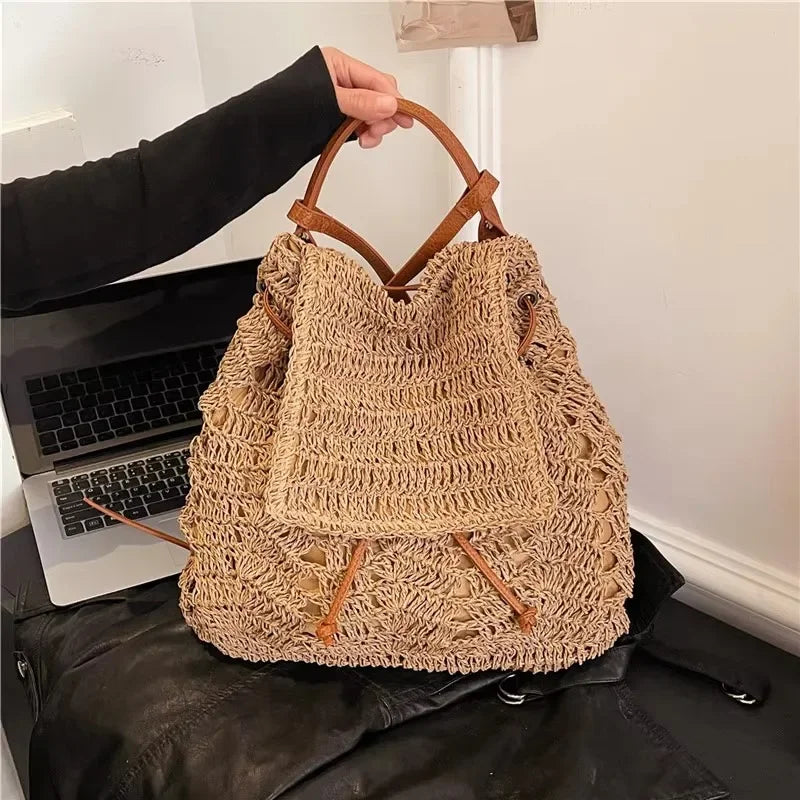 Large Woven Straw Drawstring Backpack for Women | Casual Woven Straw Backpack Richie's