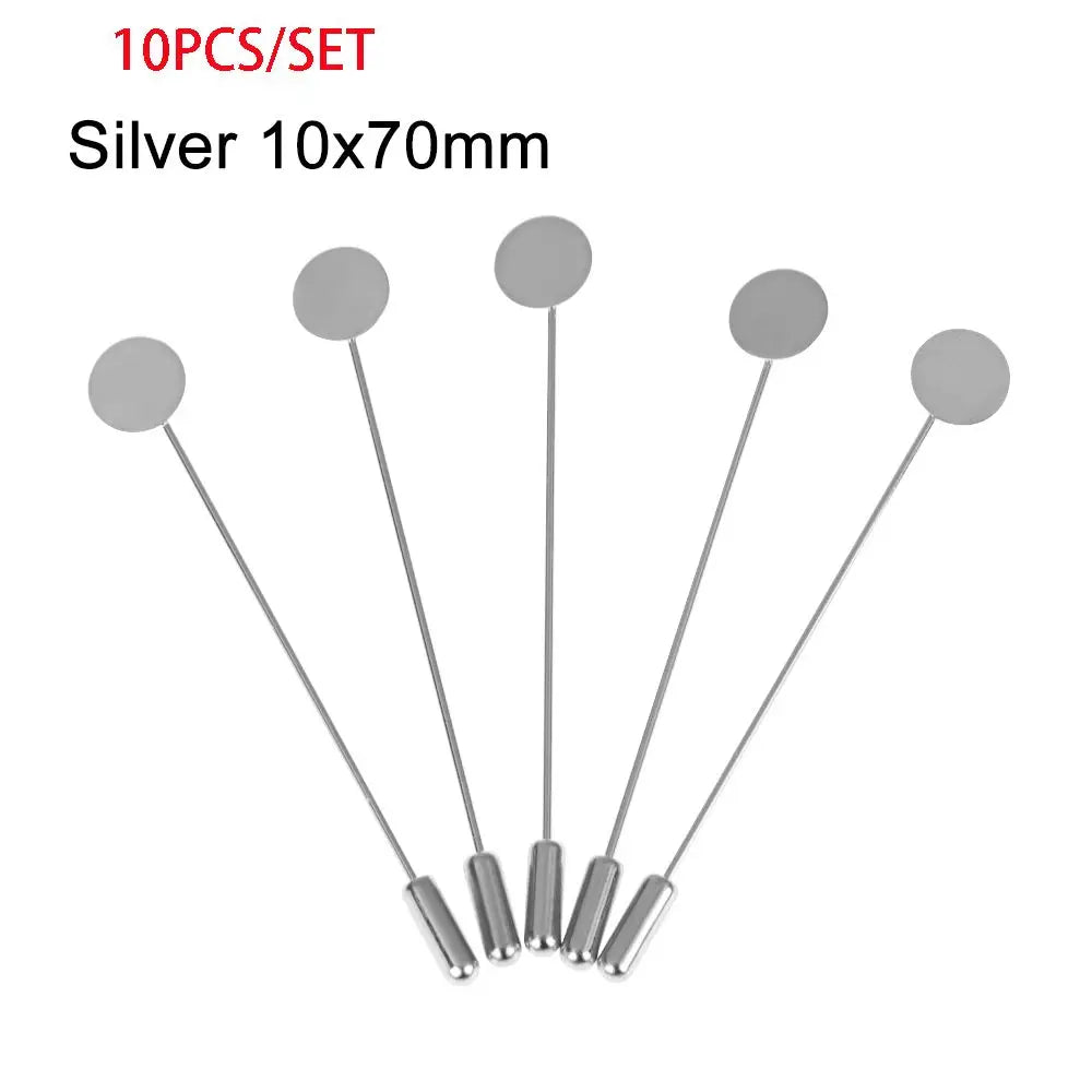 10pcs Cabochon Tray Cameo Brooch Pins Gold Silver DIY Craft Set Brooch Pin Set Richie's Silver 10x70mm