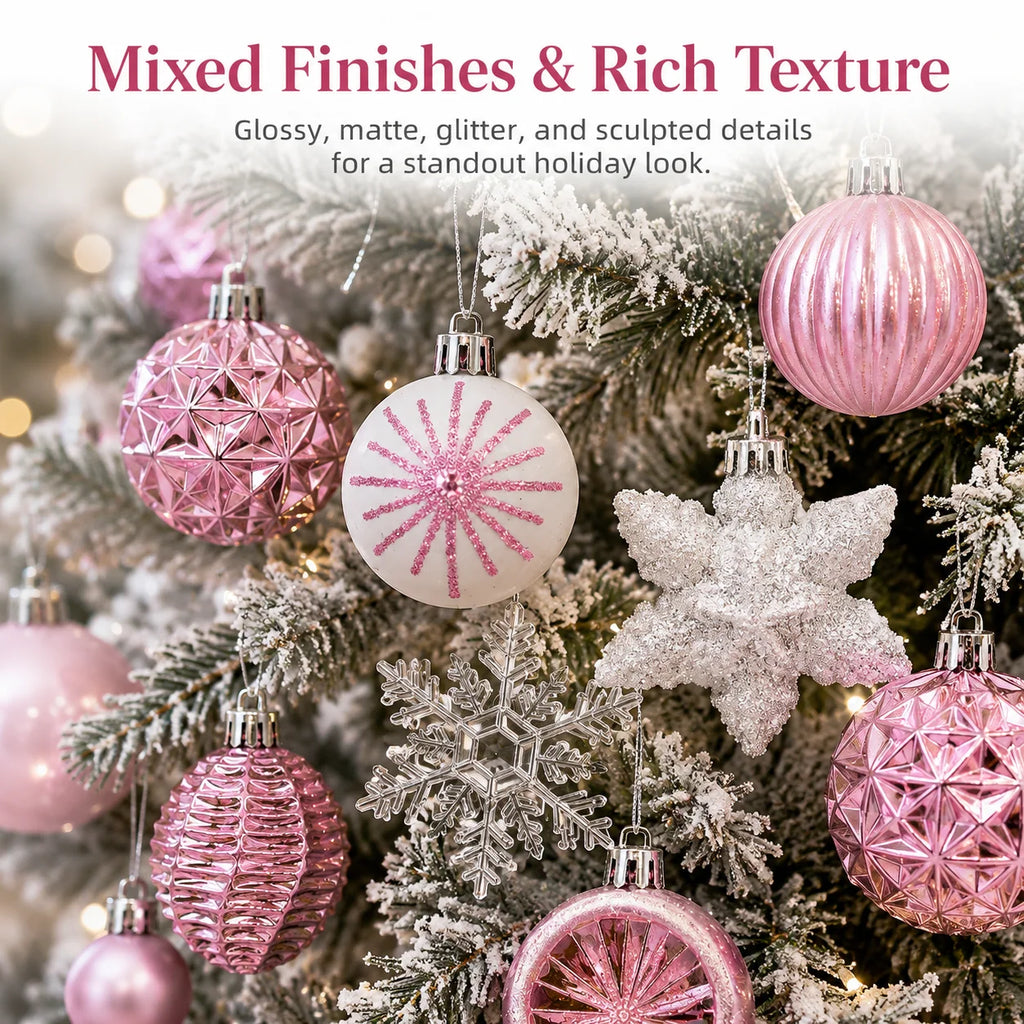 40-Pack Pink White Shatterproof Christmas Baubles & Snowflake Christmas Ornaments Richie's
