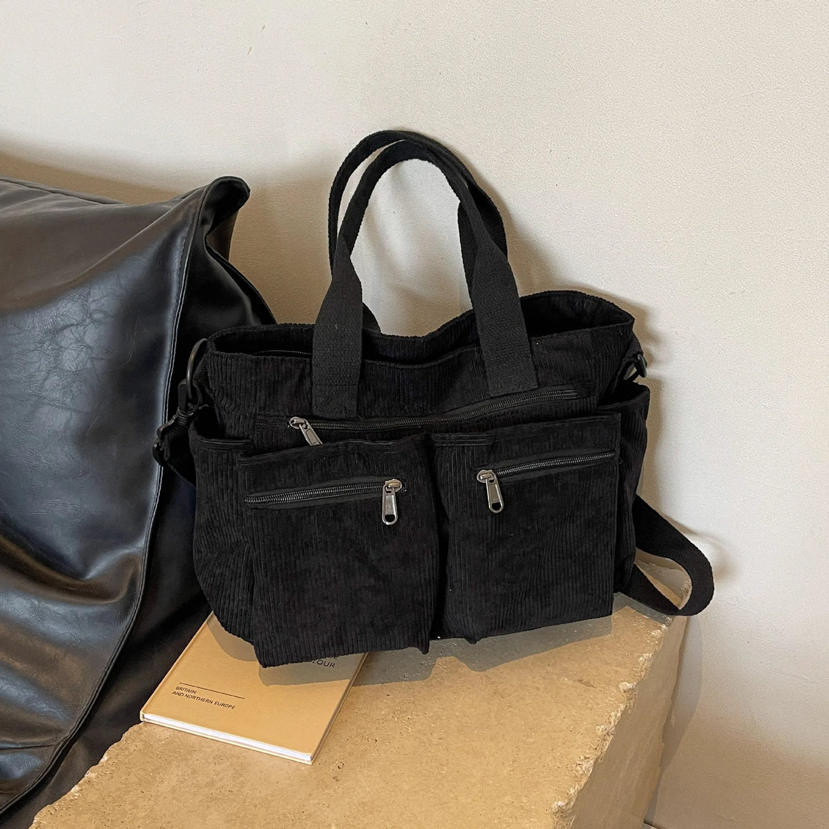Large Capacity Corduroy Tote Bag | Korean Style Shoulder Bag Corduroy Tote Bag Richie's Black