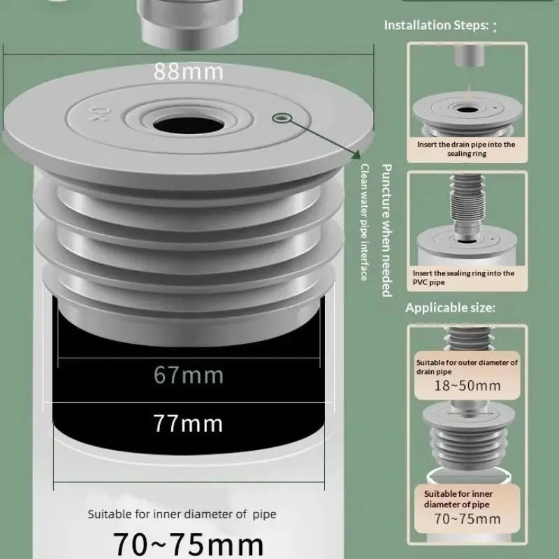 Silicone Floor Drain Seal Ring – Anti-Odor Sewer Pipe Plug Drain Seal Plug Richie's 70 to 75mm