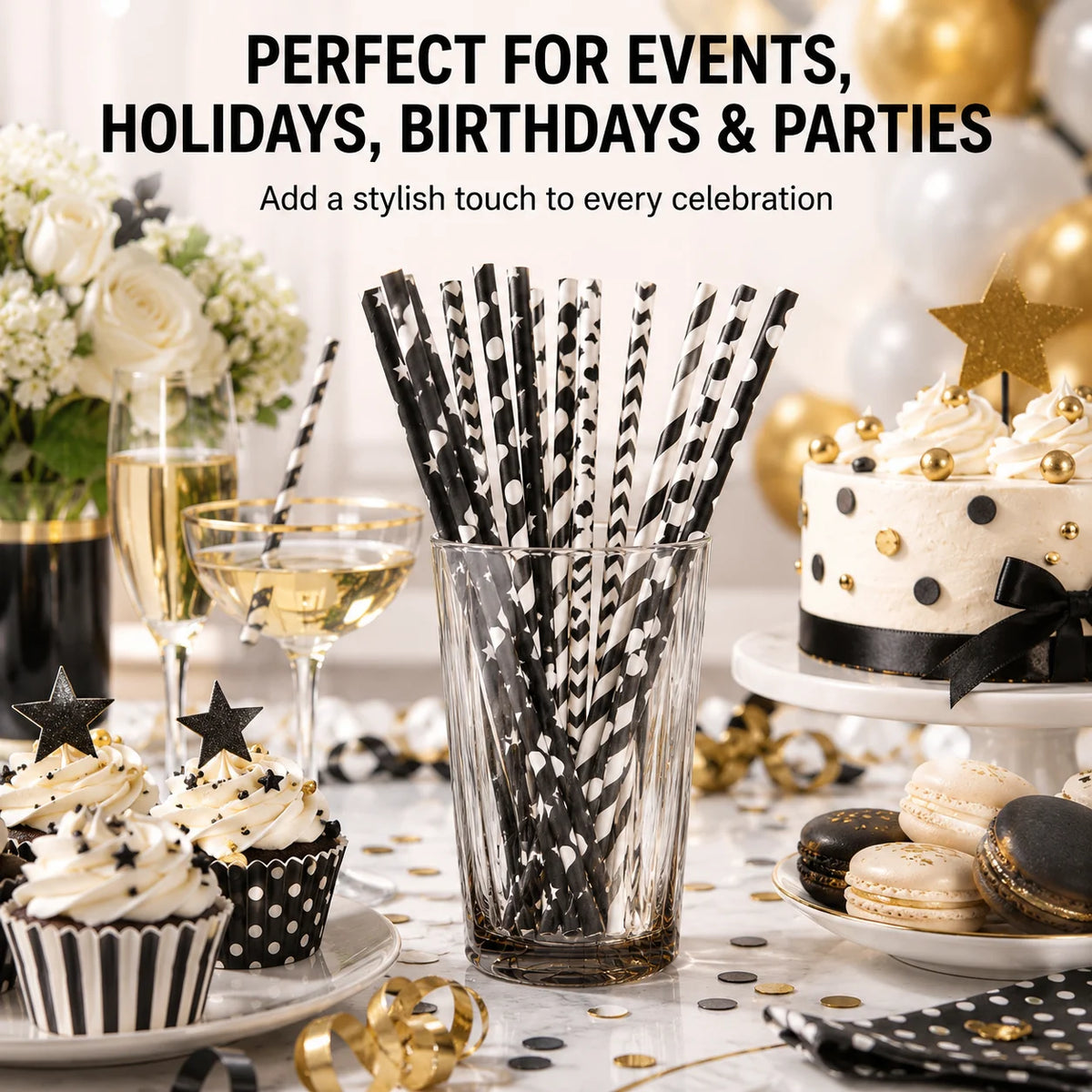 25pcs Black & White Paper Straws – Biodegradable Party Straws Paper Drinking Straws Richie's