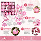45-Piece Pink & White Christmas Ornament Set – Reindeer Snowflake Christmas Ornament Set Richie's