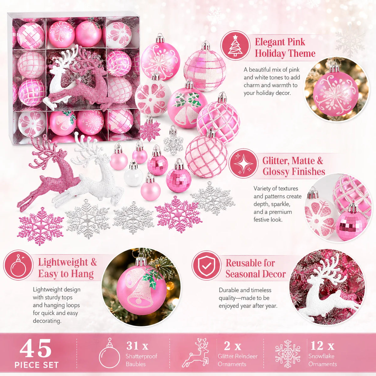 45-Piece Pink & White Christmas Ornament Set – Reindeer Snowflake Christmas Ornament Set Richie's