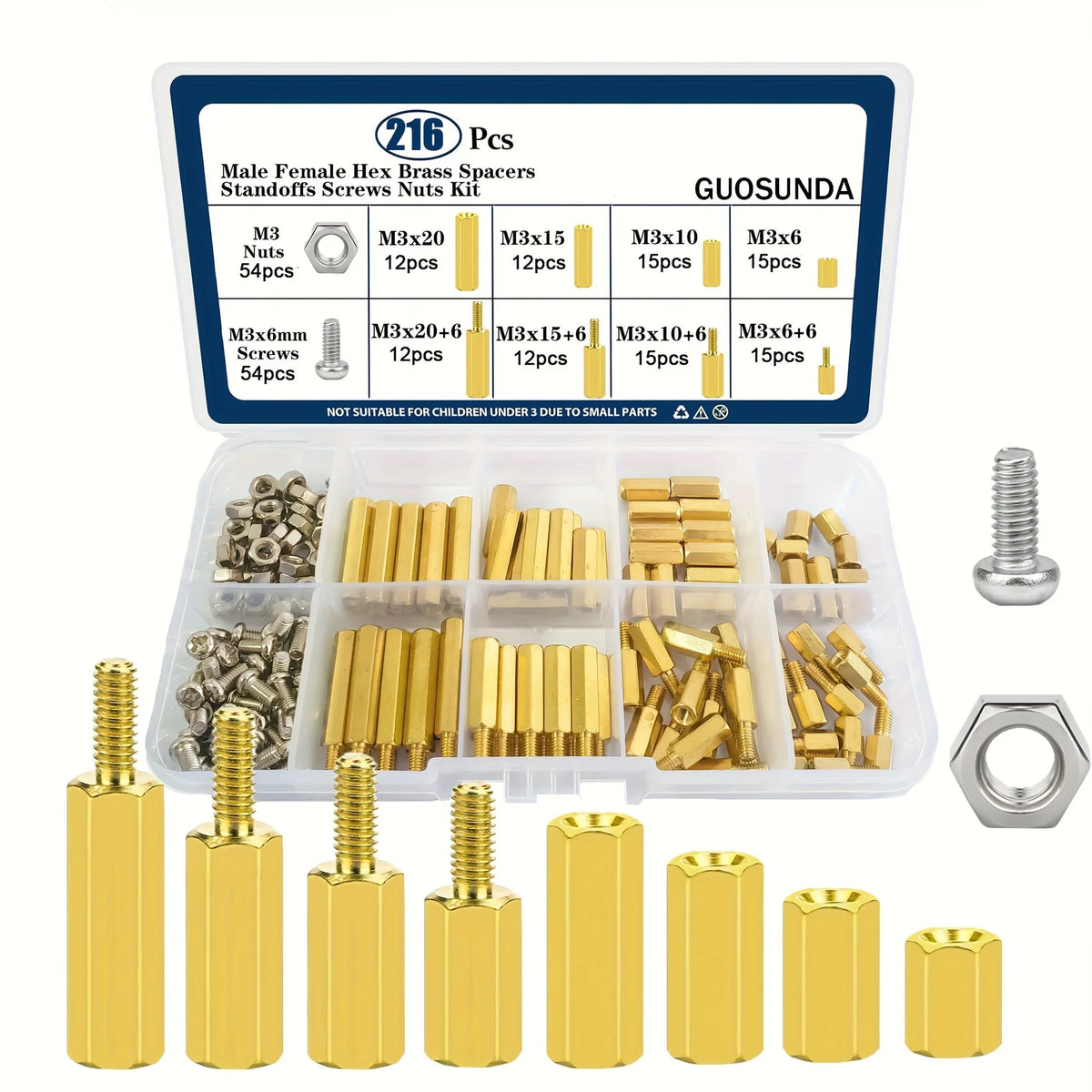 M3 Brass Hex Standoff Screw & Nut Combo Set 176/216 Pcs Brass Standoff Kit Richie's 216Pcs