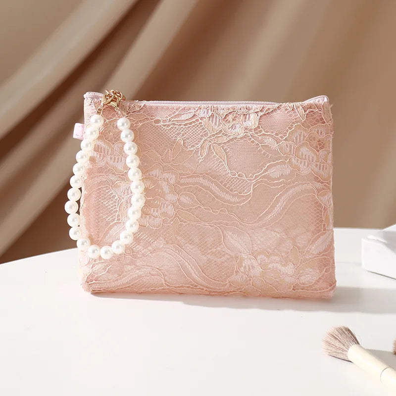 Lace Cosmetic Pouch with Pearl Chain – Women's Makeup Bag Cosmetic Makeup Bag Richie's M-17X14X8CM-pink