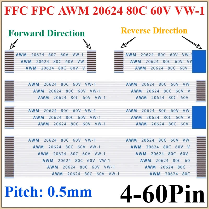 10PCS FFC FPC Flat Flexible Cable 0.5mm Pitch 4–60 Pin CE RoHS Flat Flexible Cable Richie's 50mm 5CM 8P (10Pcs) 0.5mm|Reverse Direction
