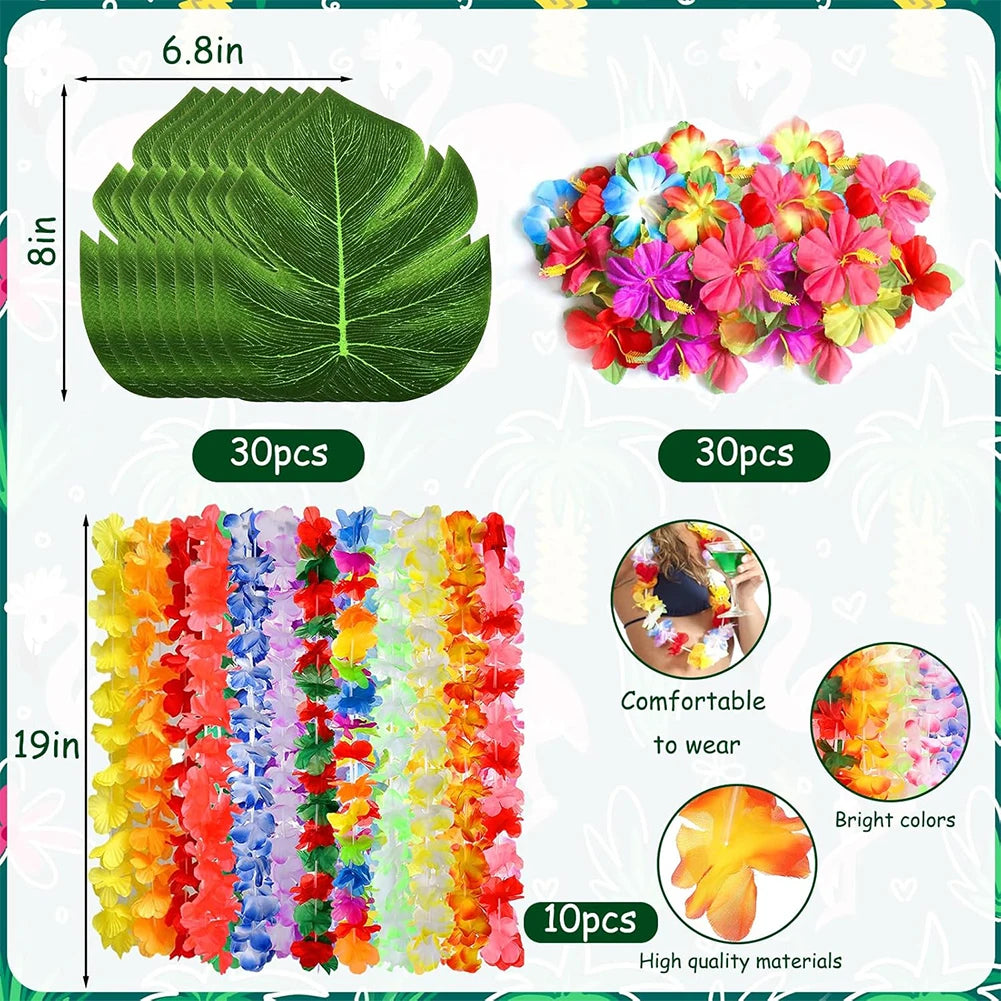 70 Pcs Hawaiian Luau Leis Set – Hibiscus Flowers & Tropical Leaves Party Decoration Set Richie's