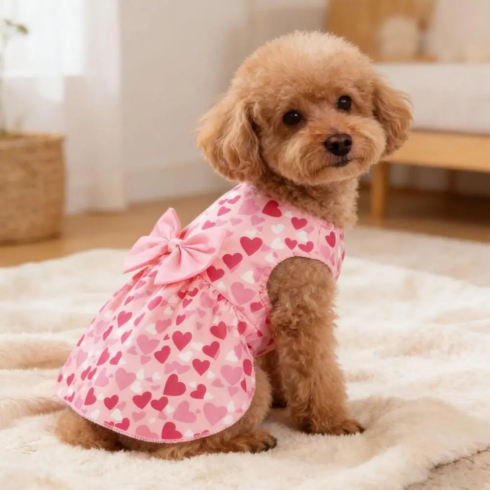 Heart Pattern Dog Princess Dress – Bow Lace Pet Skirt XS–XL Dog Dress Richie's