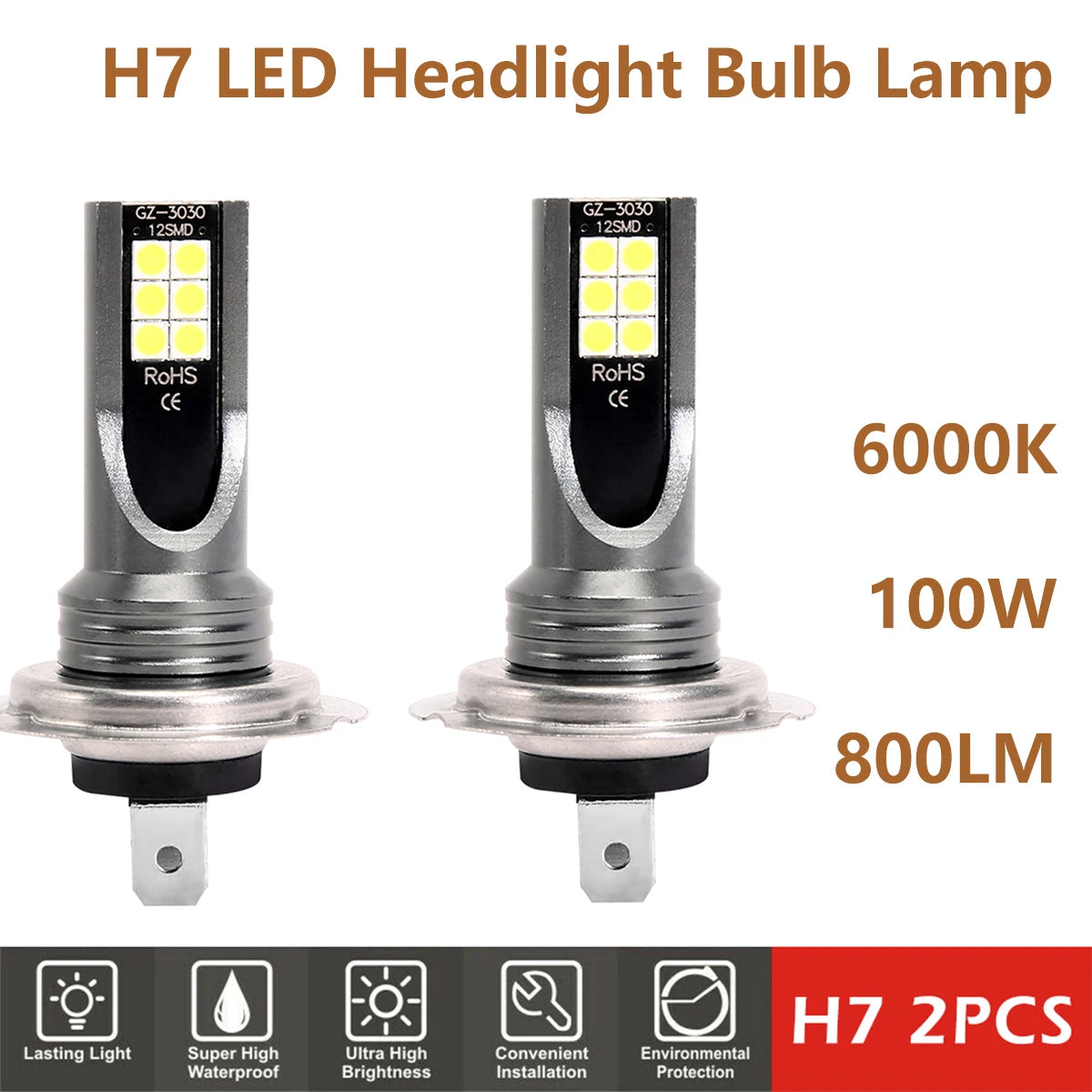 2pcs H7 LED Headlight Bulbs 6000K 100W Super Bright Fog Lamps LED Headlight Bulbs Richie's 2pcs