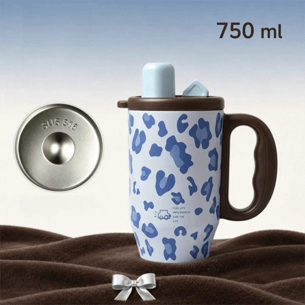 Leopard Print Insulated Tumbler 750ml with Handle & Straw Insulated Travel Tumbler Richie's Blue