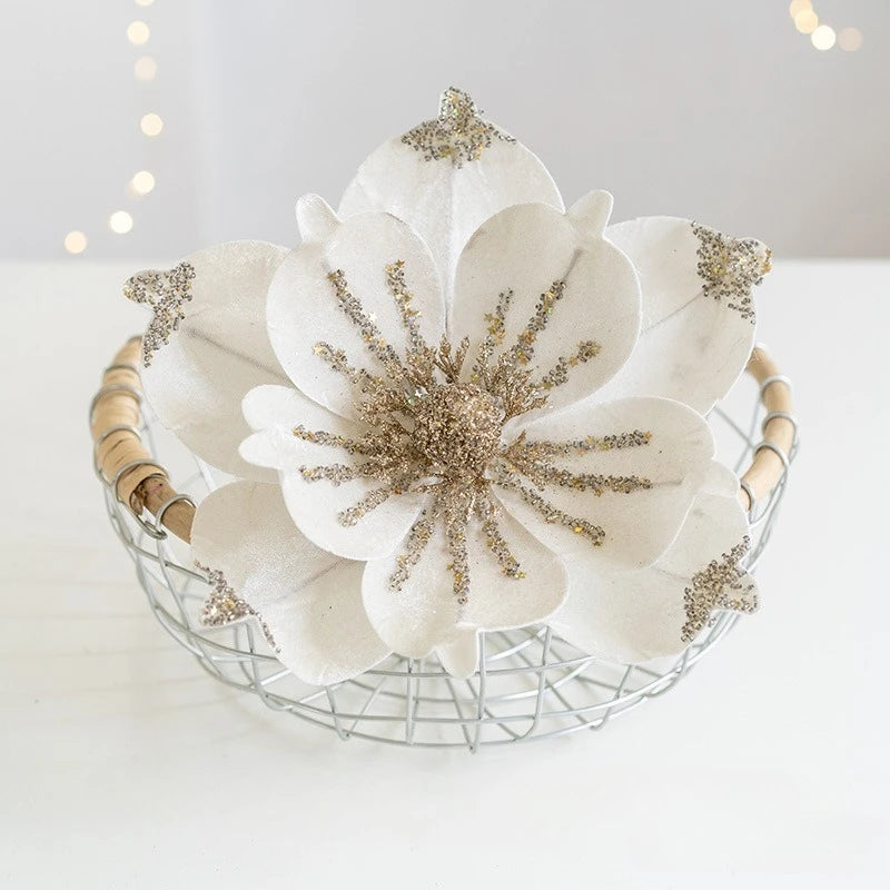 Artificial Glittery Poinsettia & Magnolia Stems | Xmas Décor Artificial Flower Stems Richie's white 1pc