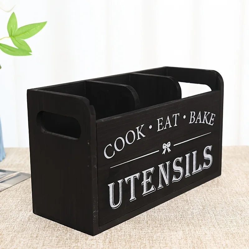 Rustic Wooden Kitchen Utensil Holder – 3-Compartment Organizer Utensil Holder Richie's black 1pc