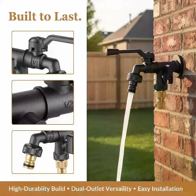 2-Way Freeze-Proof Outdoor Garden Faucet – Dual Outlet Zinc Alloy Garden Water Faucet Richie's