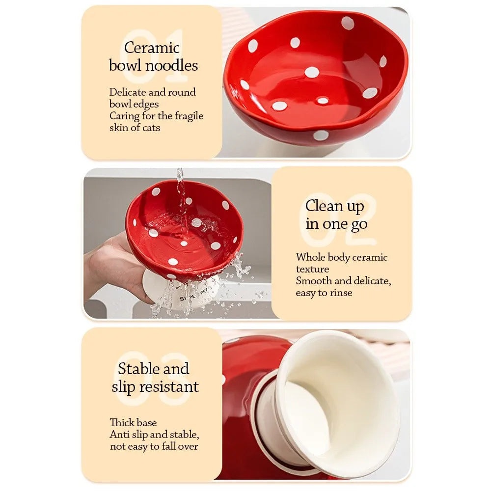 Ceramic Slanted Cat Bowl | Elevated Mushroom Design Anti-Tip Elevated Pet Bowl Richie's