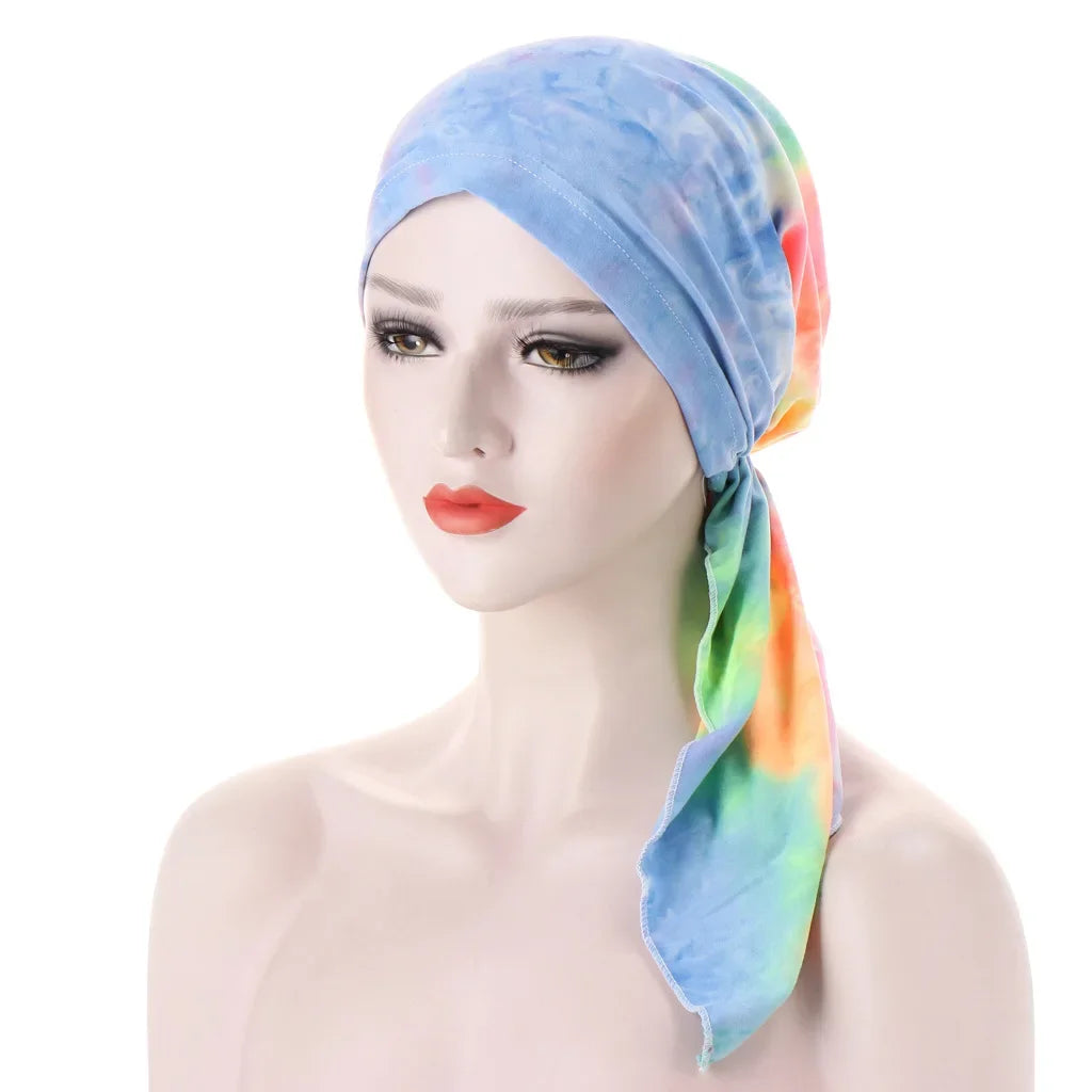 Women's Printed Pre-Tied Turban Cap Hijab Headscarf Bandana Turban Headscarf Cap Richie's light blue green