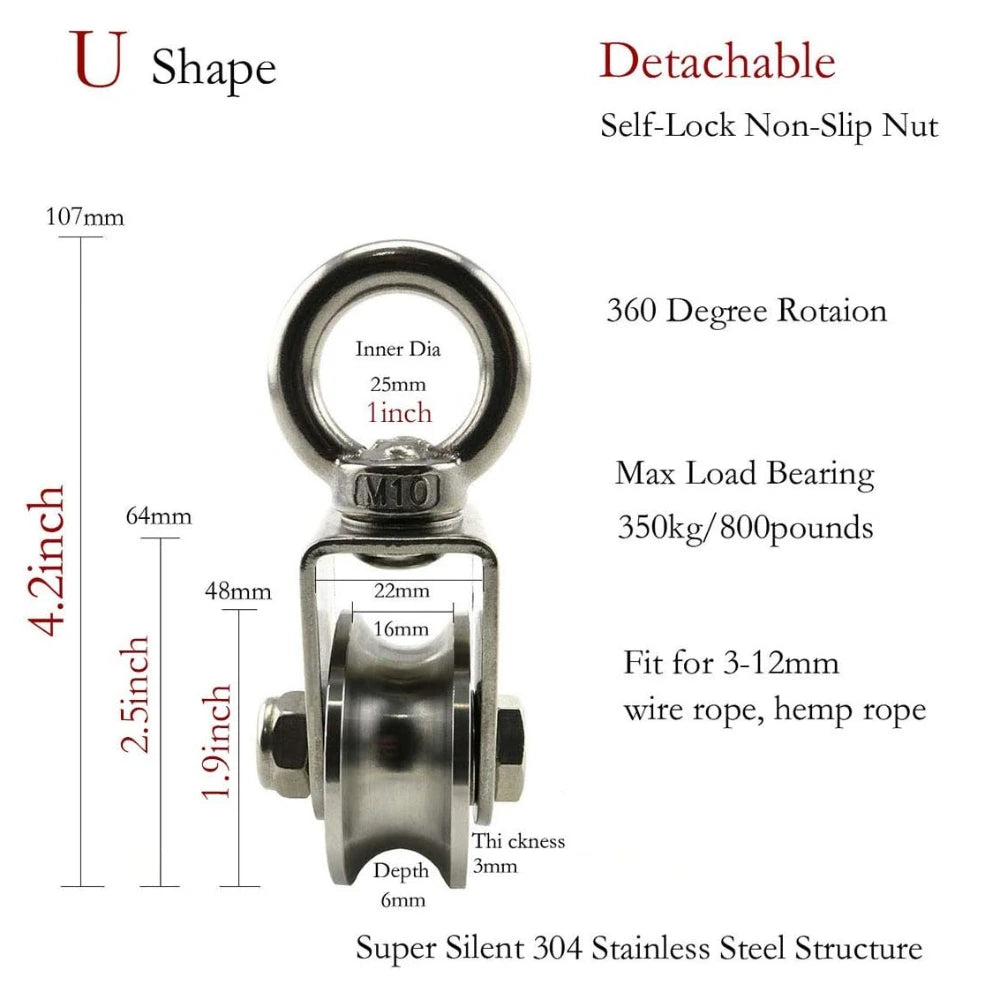 U-Type Swivel Pulley 304 Stainless Steel 350KG Heavy Duty Swivel Pulley Block Richie's