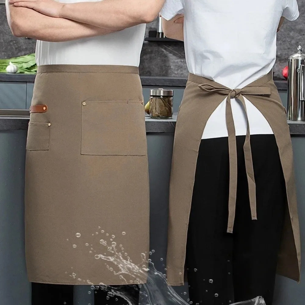 Canvas Half Apron Multi-Pocket Waterproof Kitchen Restaurant Kitchen Apron Richie's Brown-Long