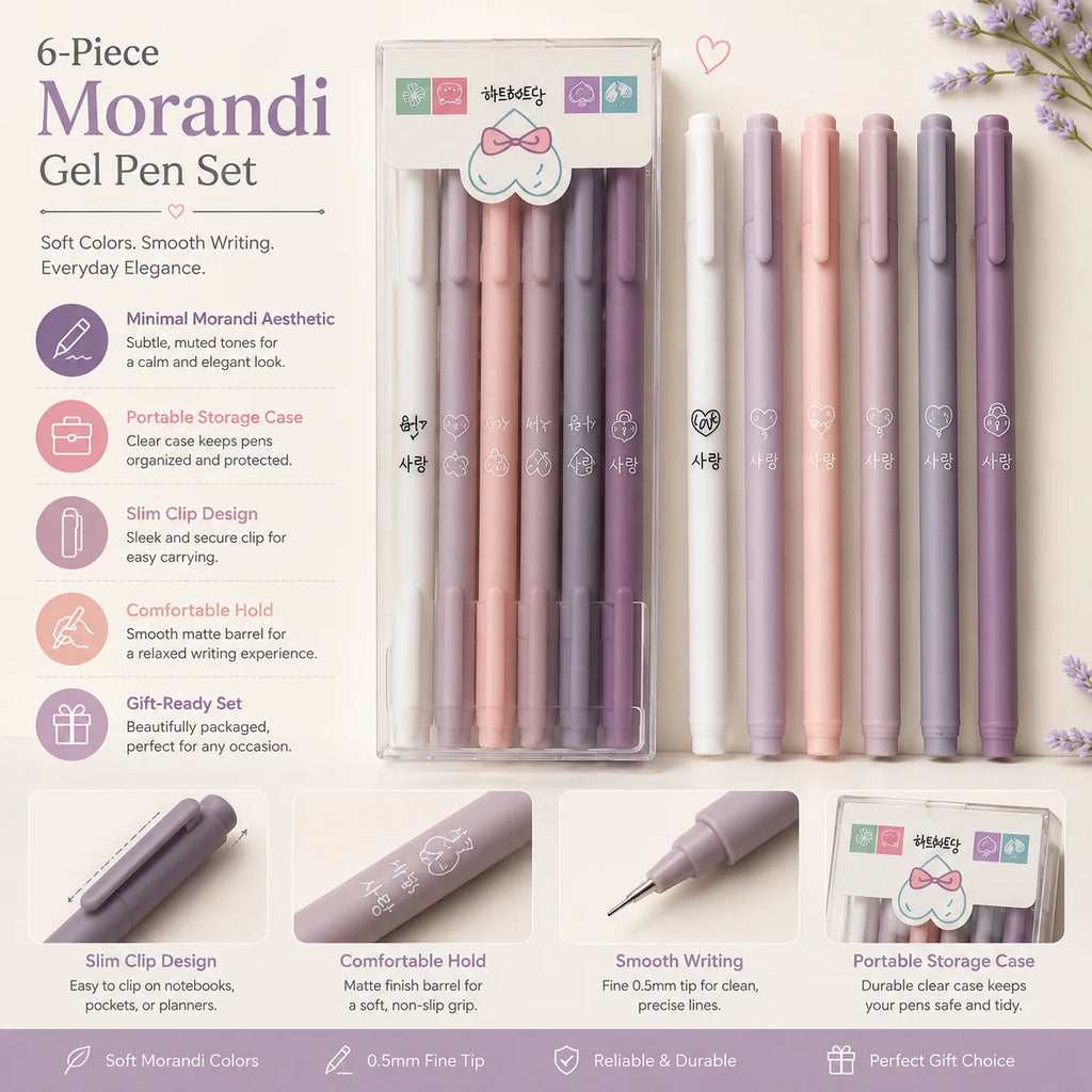 Morandi Retractable Gel Pens 6-Pack | 0.5mm Fine Black Ink Retractable Gel Pens Richie's