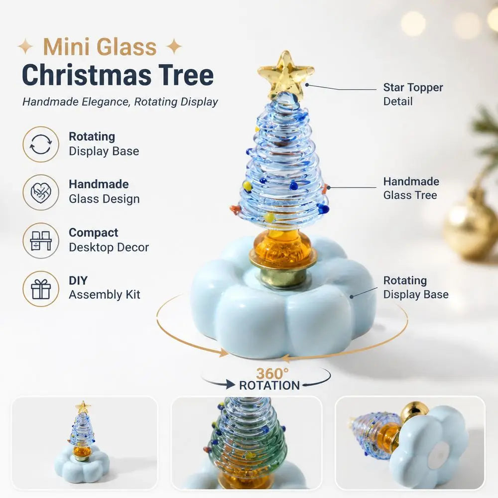 Glass Christmas Tree Figurine with Rotating Ceramic Base | Mini Christmas Figurine Richie's