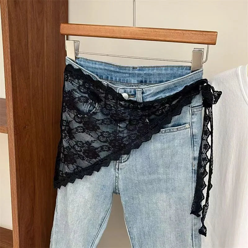 Women's Lace Trim Chiffon Triangle Mini Skirt Korean Style Mini Chiffon Skirt Richie's Black