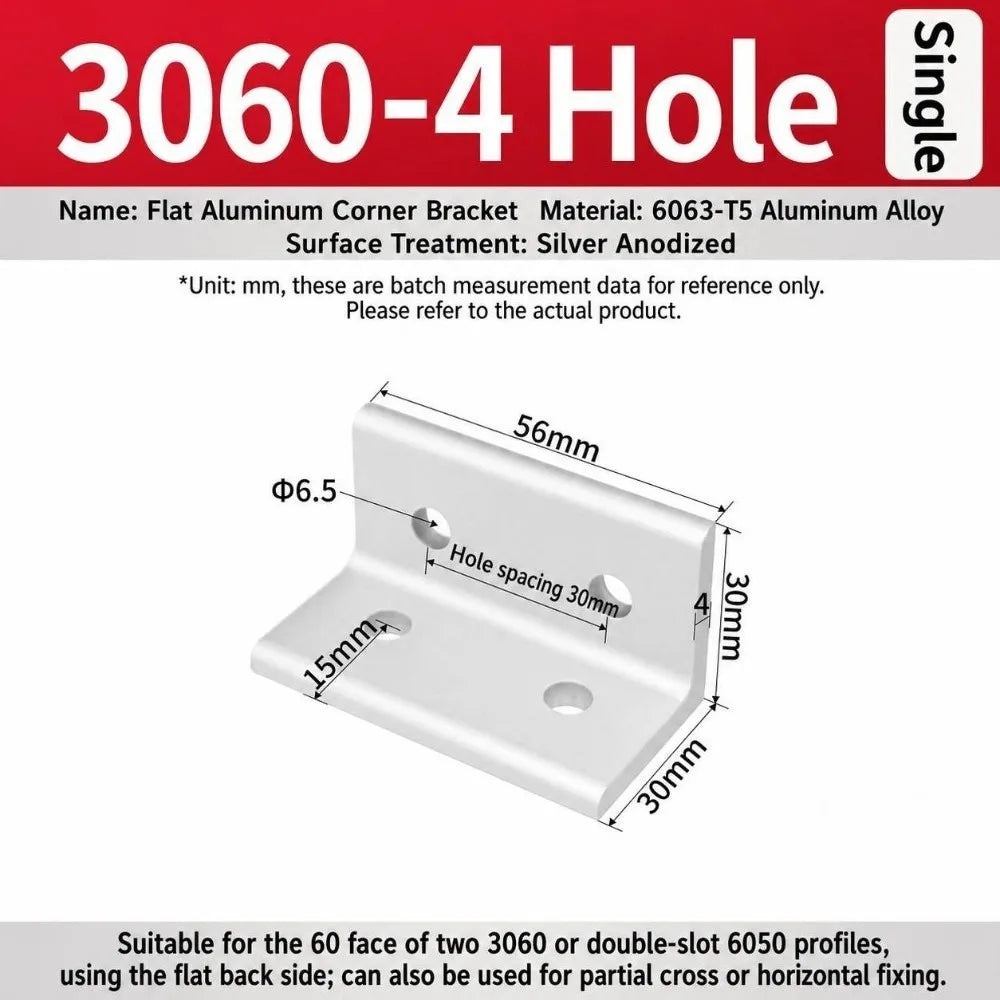 90° Aluminum Angle Bracket Flat Right Angle Frame Joint Connector Aluminum Angle Bracket Richie's 3060-4Hole Silver