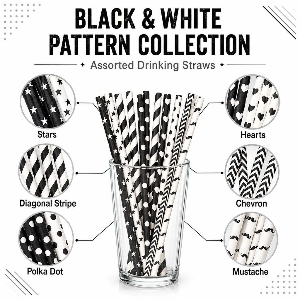 25pcs Black & White Paper Straws – Biodegradable Party Straws Paper Drinking Straws Richie's