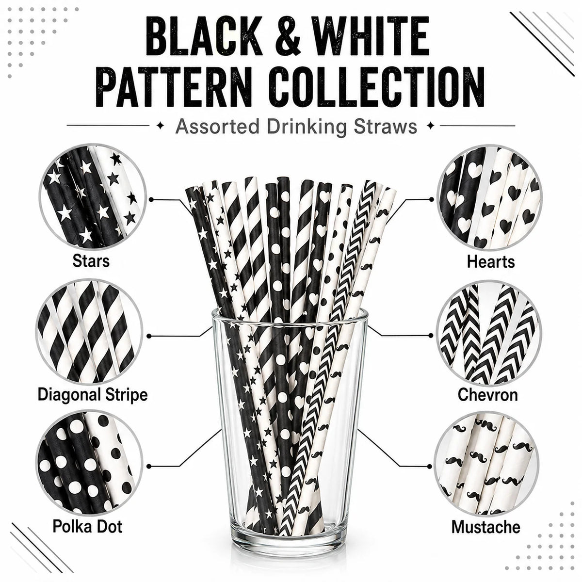 25pcs Black & White Paper Straws – Biodegradable Party Straws Paper Drinking Straws Richie's