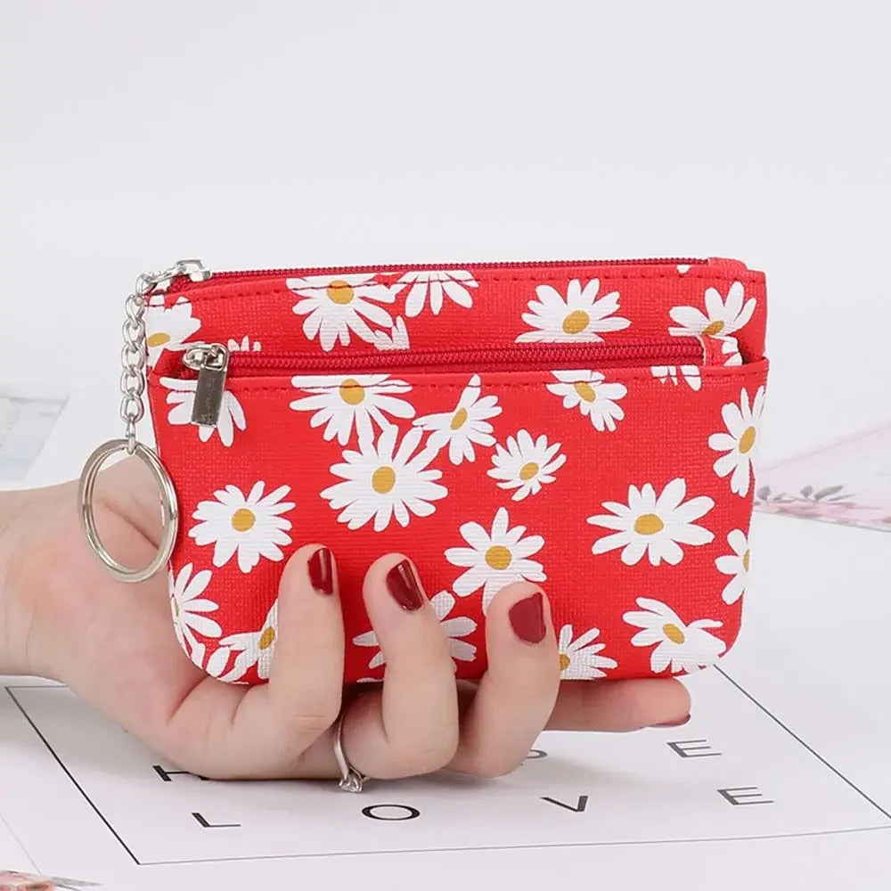 Daisy Print Coin Purse with Zipper & Keychain – Women's Wallet Coin Purse Wallet Richie's Red