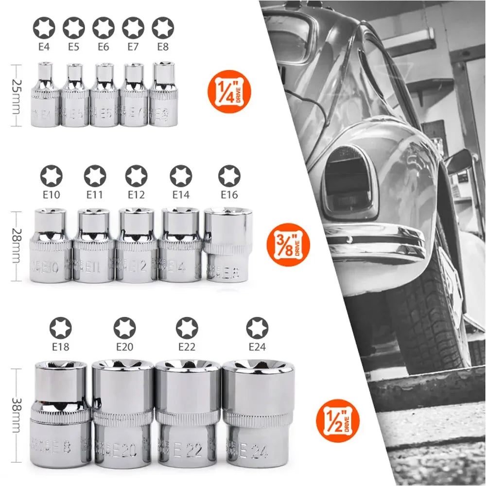 14Pc Female E-TORX Star Socket Set E4–E24 | 3 Drive Sizes Socket Set Richie's