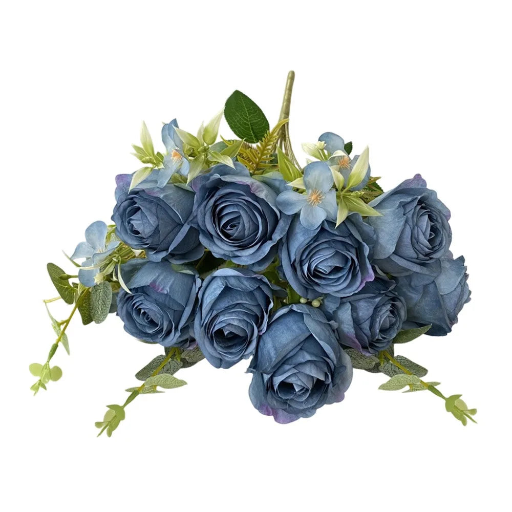 9-Head Multicolor Artificial Rose Bouquet – Bridal & Home Decor Artificial Flower Bouquet Richie's Blue