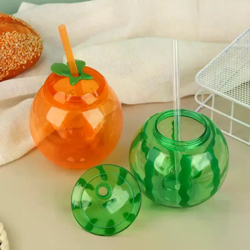 Fruit Shaped Cups with Straw – Orange & Watermelon | 1 or 3 Pack Novelty Drinking Cup Richie's