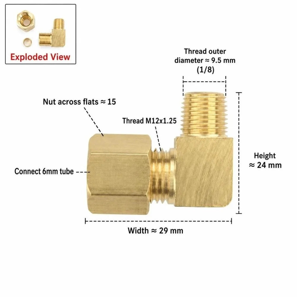 Brass 90° Compression Elbow Fitting Male Thread Tube Connector Compression Pipe Fitting Richie's 1-8- x 6mm