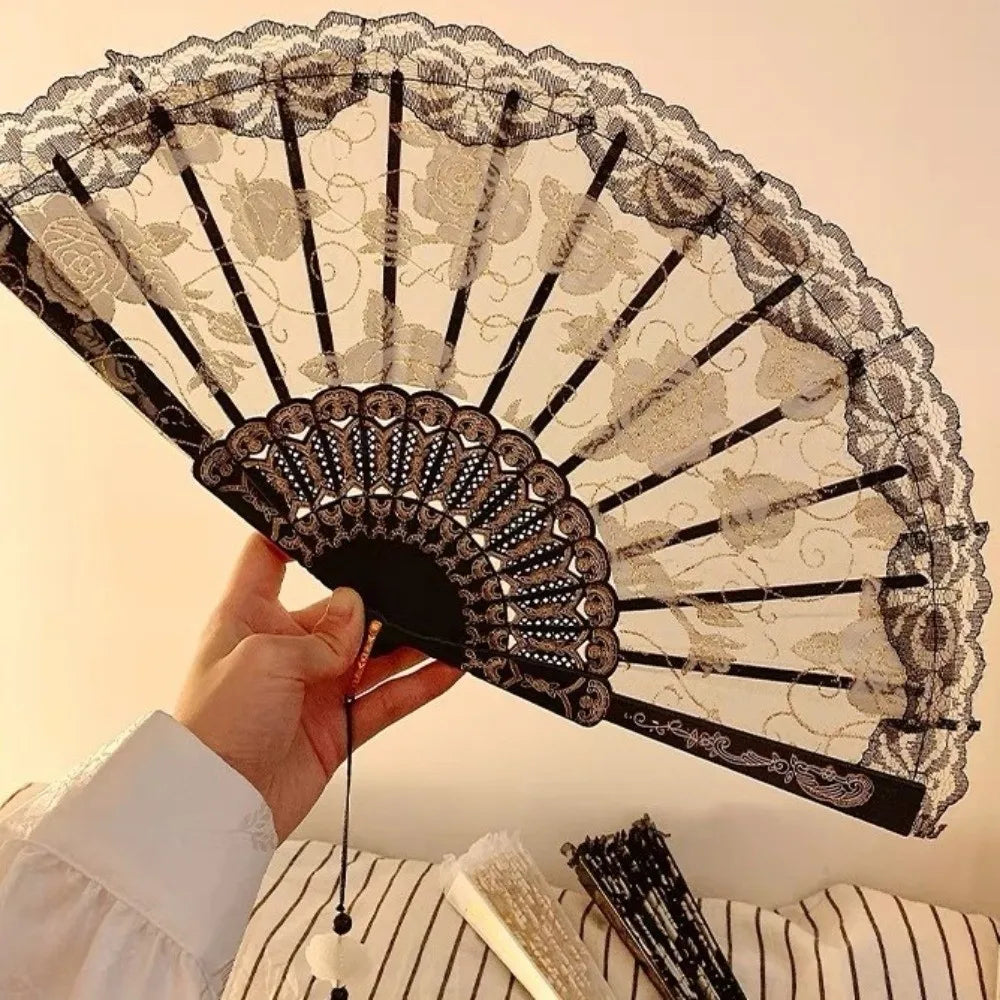 Floral Lace Foldable Hand Fan with Tassel – Dance & Party Decorative Hand Fan Richie's