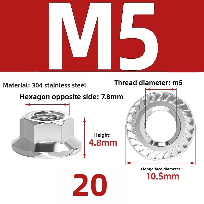 304 SS Hex Flange Nuts M3–M8 Anti-Loosening Serrated Hex Flange Nuts Richie's 304 M5 20pcs