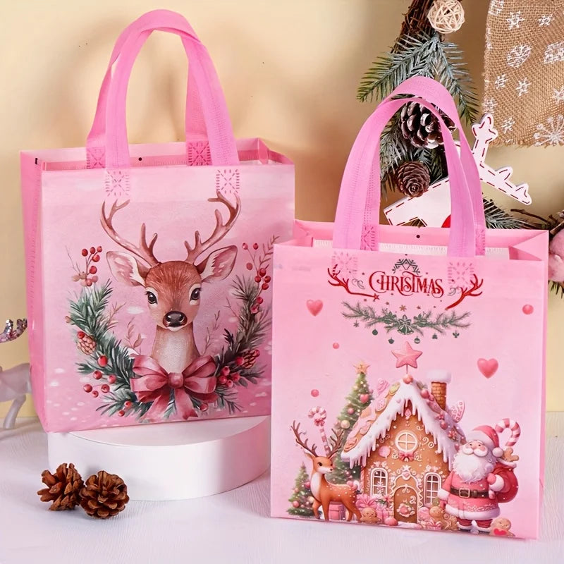 Pink Christmas Tote Bags with Handles | Santa & Elk 4/8 Pcs Christmas Gift Bags Richie's