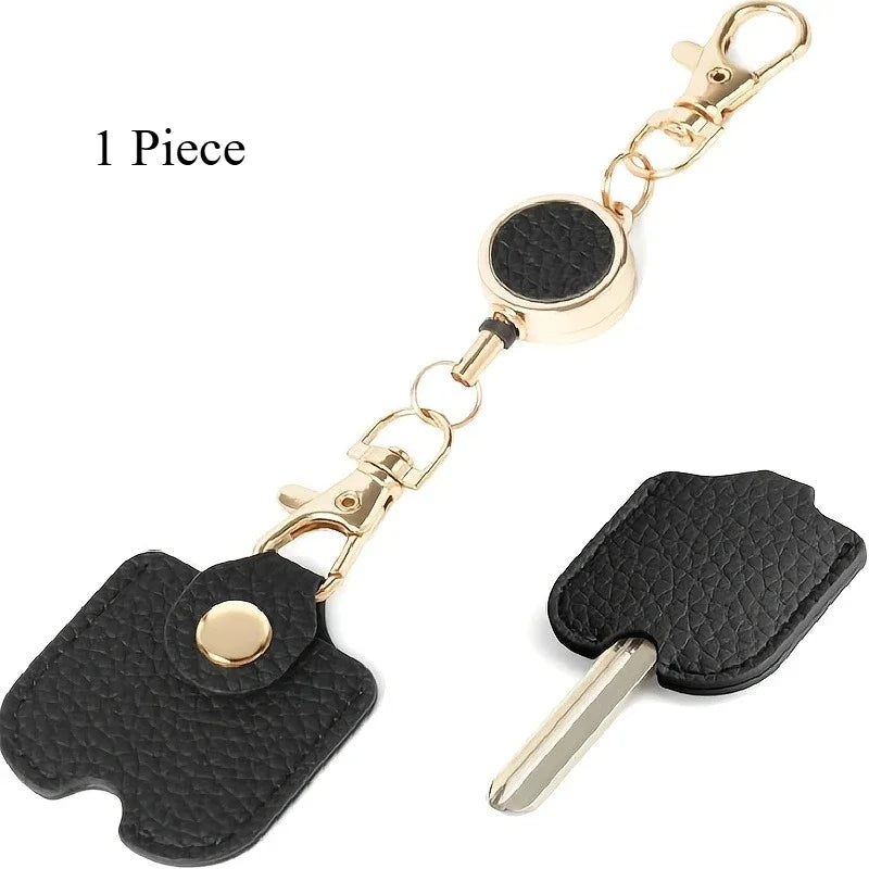 Retractable Faux Leather Keychain for Women | Gold Clasp Retractable Keychain Richie's black 1 Piece