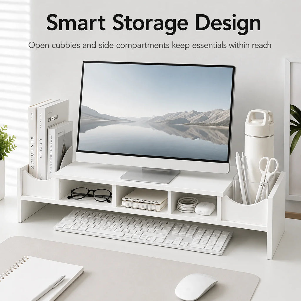 White Monitor Stand Riser with Storage Cubbies | Desk Organizer Monitor Stand Riser Richie's