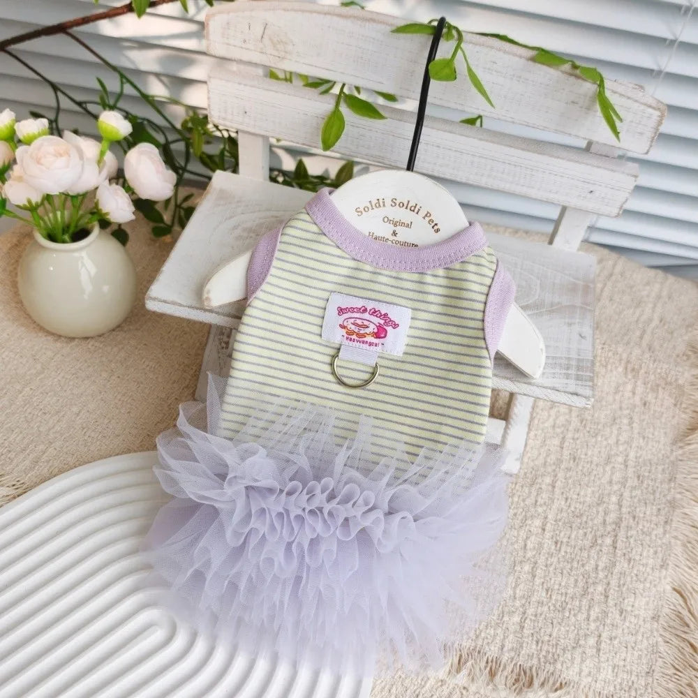 Striped Knit Dog Tulle Dress with Leash Buckle | Summer Pet Outfit Dog Dress Richie's