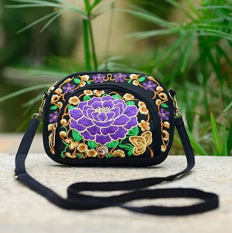 Vintage Boho Hmong Embroidery Women's Canvas Shoulder Bag Embroidery Shoulder Bag Richie's Purple Peony