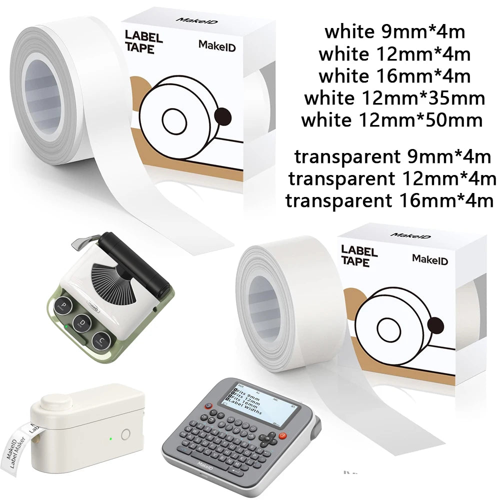 MAKEID Label Tape 9mm 12mm 16mm – White & Transparent Label Maker Tape Richie's