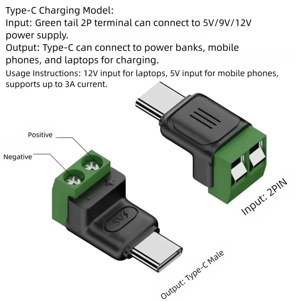 USB Type-C & Micro 2-Pin Screw Terminal Solderless Adapter 5V USB Terminal Adapter Richie's 1PCS C-Male Charging
