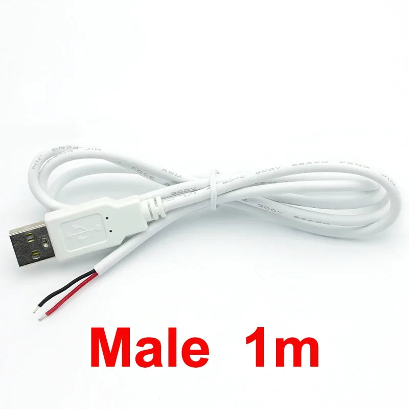 USB 2.0 2-Pin Power Supply Cable DIY Charging Cord 0.3m–2m USB Power Cable Richie's Male 1m