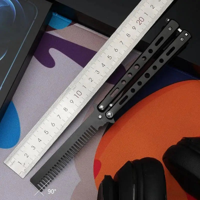 Butterfly Knife Practice Comb – Foldable Stainless Steel Beard Comb Butterfly Knife Comb Richie's Black